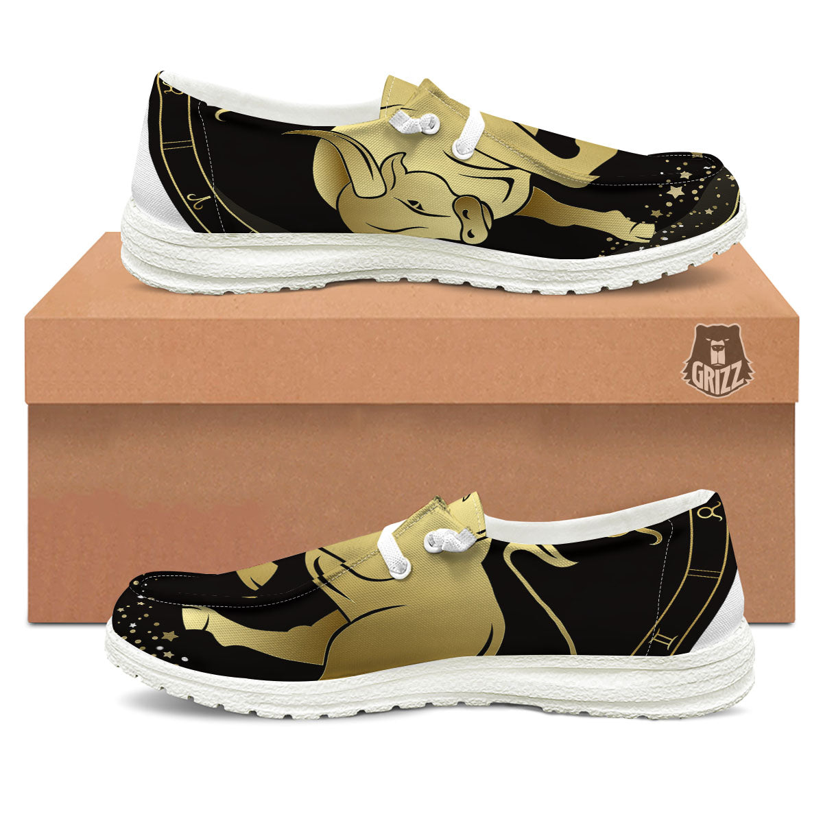 Taurus Sign Black And Gold Print White Loafers-grizzshop