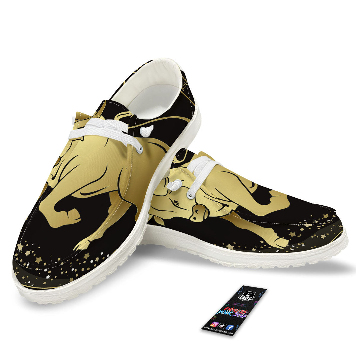 Taurus Sign Black And Gold Print White Loafers-grizzshop