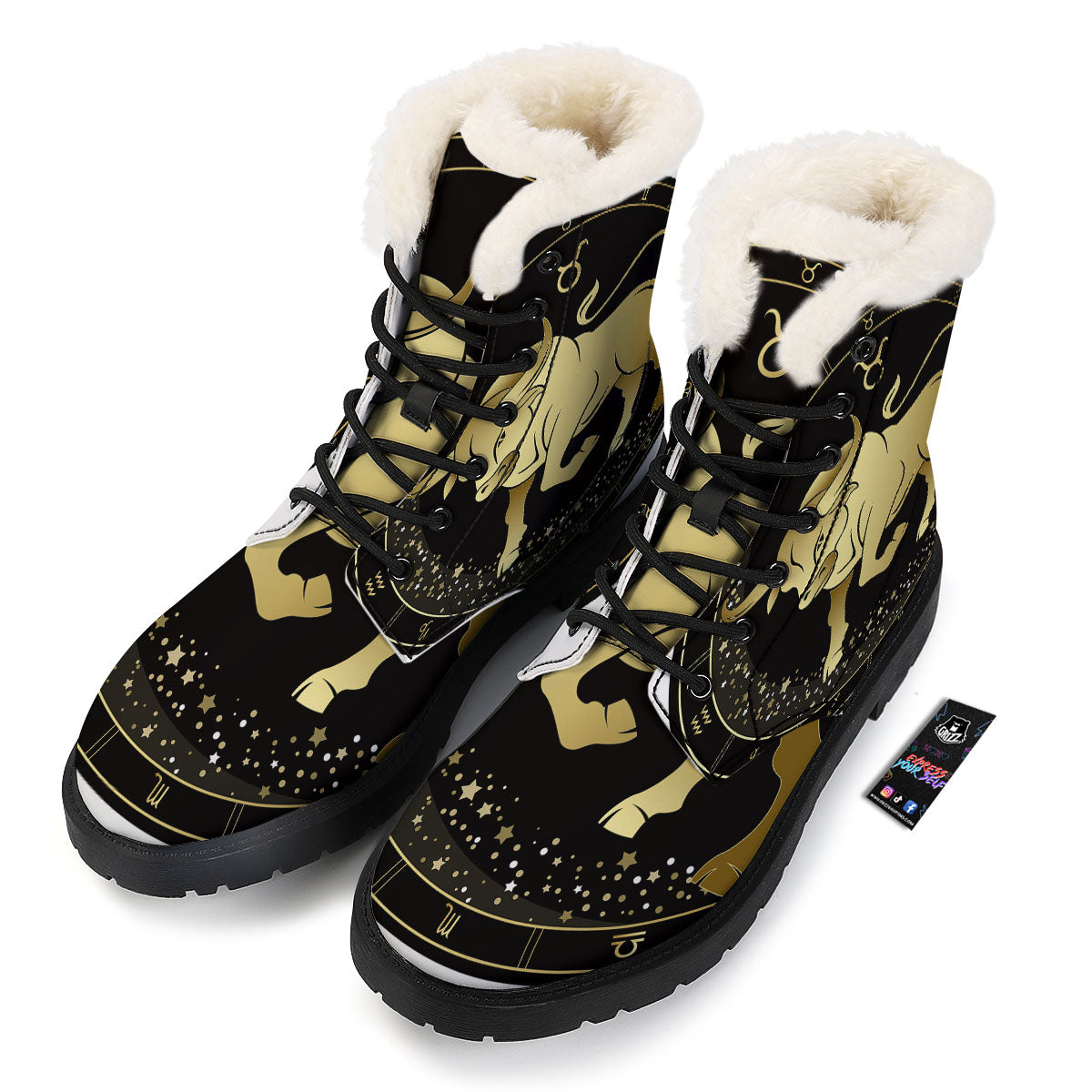 Taurus Sign Black And Gold Print Winter Boots-grizzshop