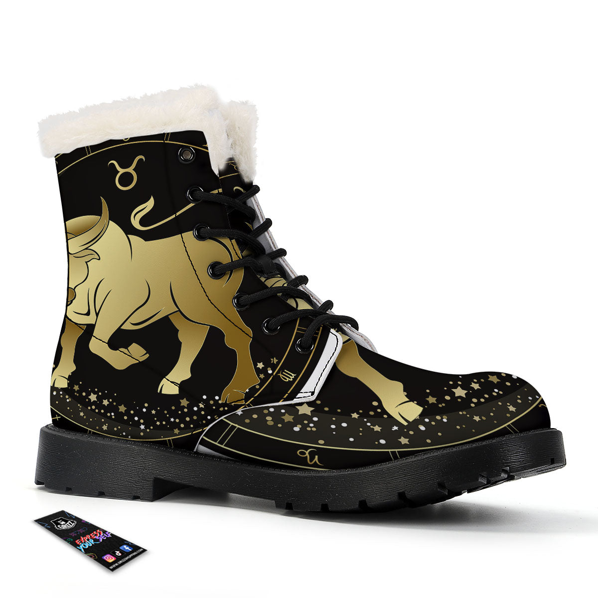 Taurus Sign Black And Gold Print Winter Boots-grizzshop