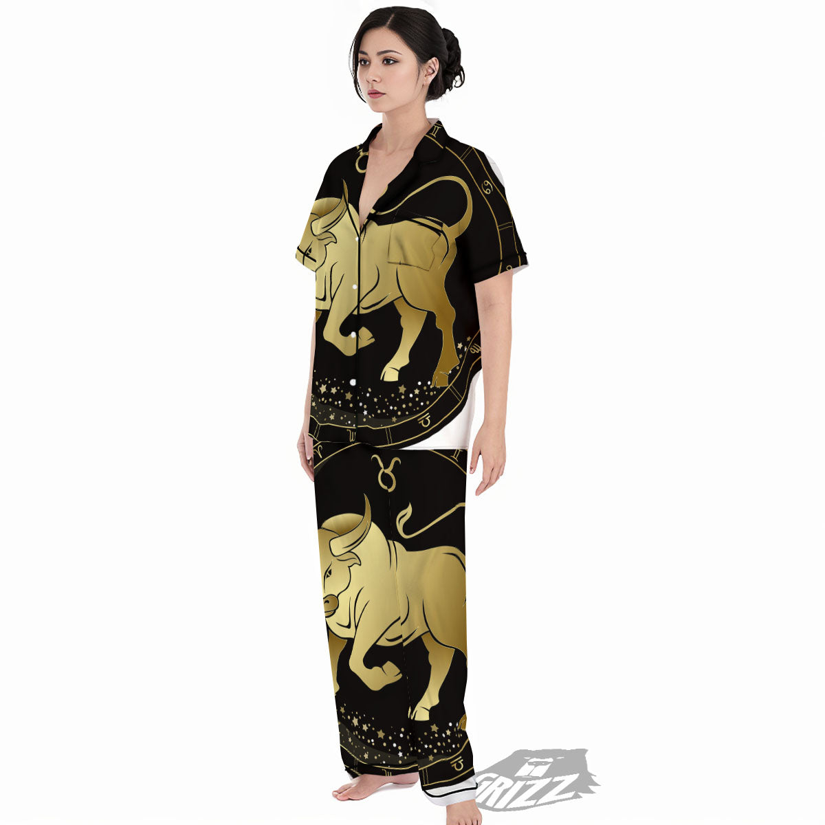 Taurus Sign Black And Gold Print Women's Pajamas Set-grizzshop