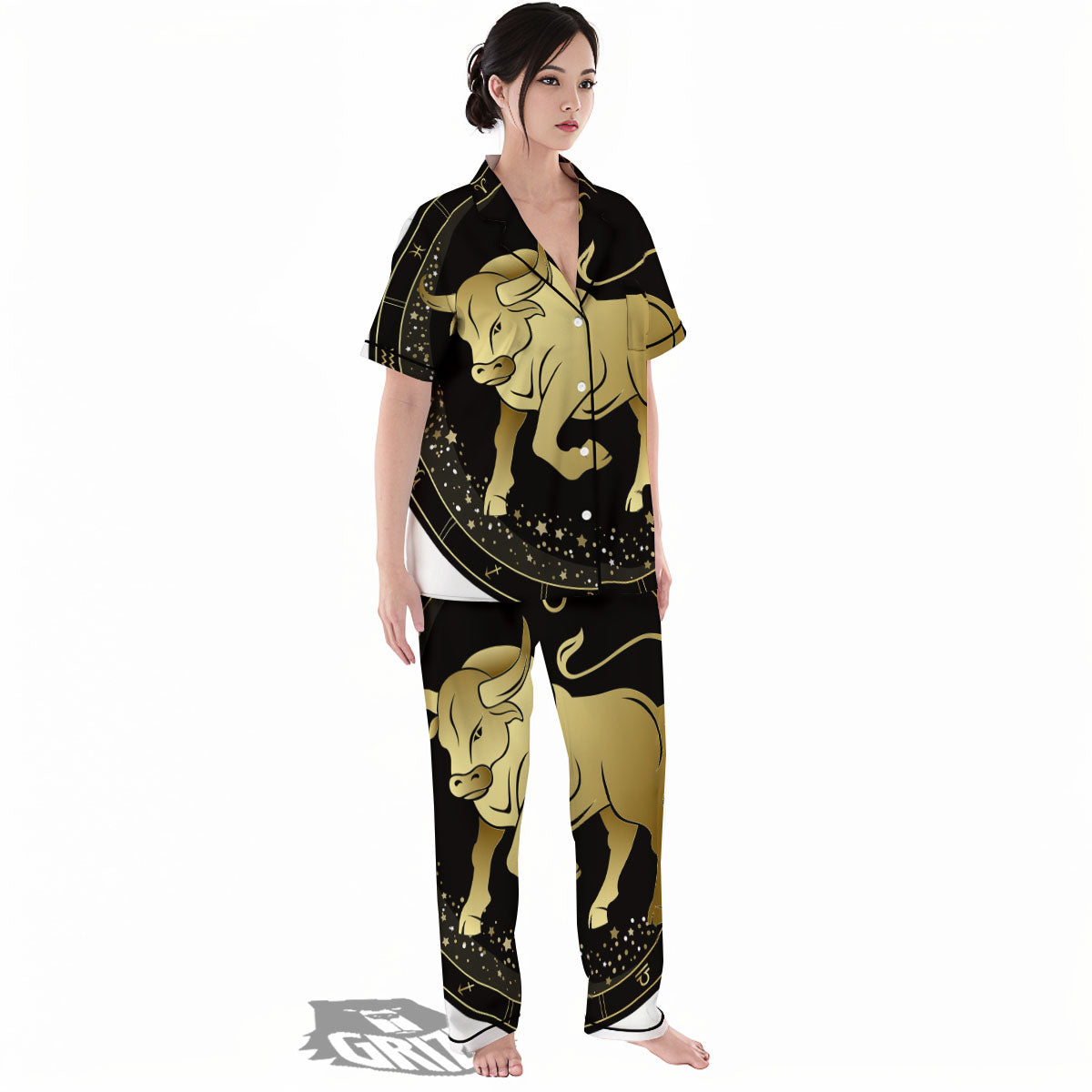 Taurus Sign Black And Gold Print Women's Pajamas Set-grizzshop