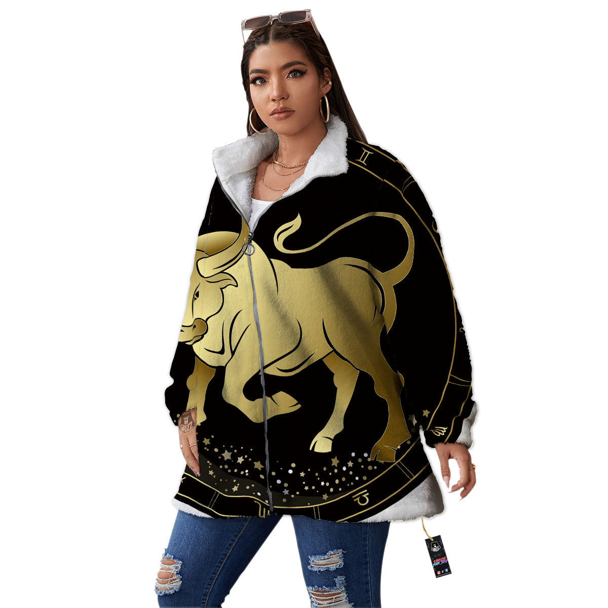 Taurus Sign Black And Gold Print Women's Sherpa Jacket-grizzshop