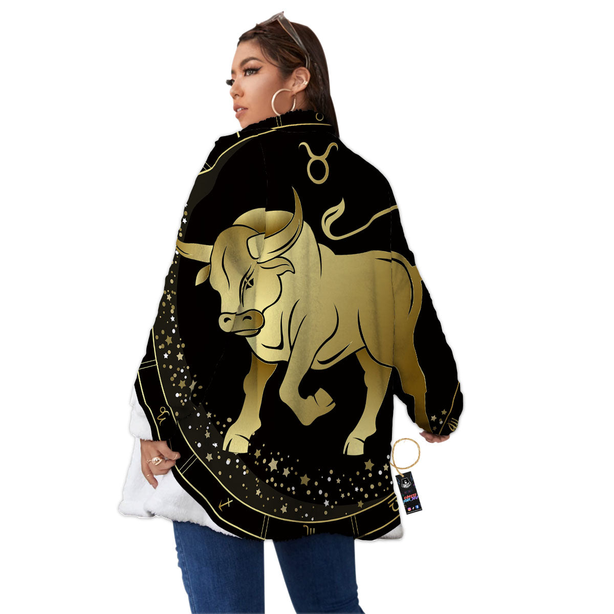 Taurus Sign Black And Gold Print Women's Sherpa Jacket-grizzshop