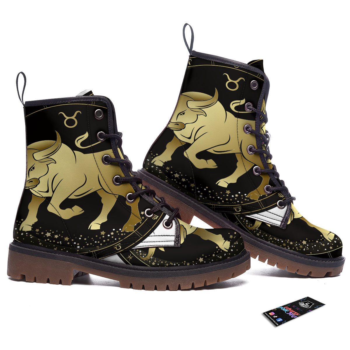 Taurus Sign Black And Gold Print Work Boots-grizzshop