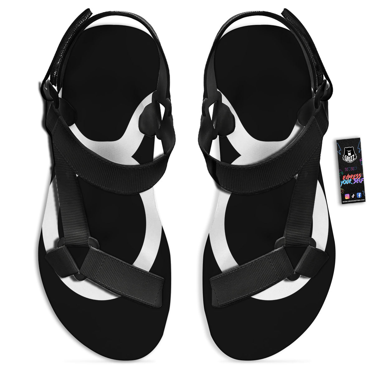 Taurus Sign White And Black Print Black Open Toe Sandals-grizzshop