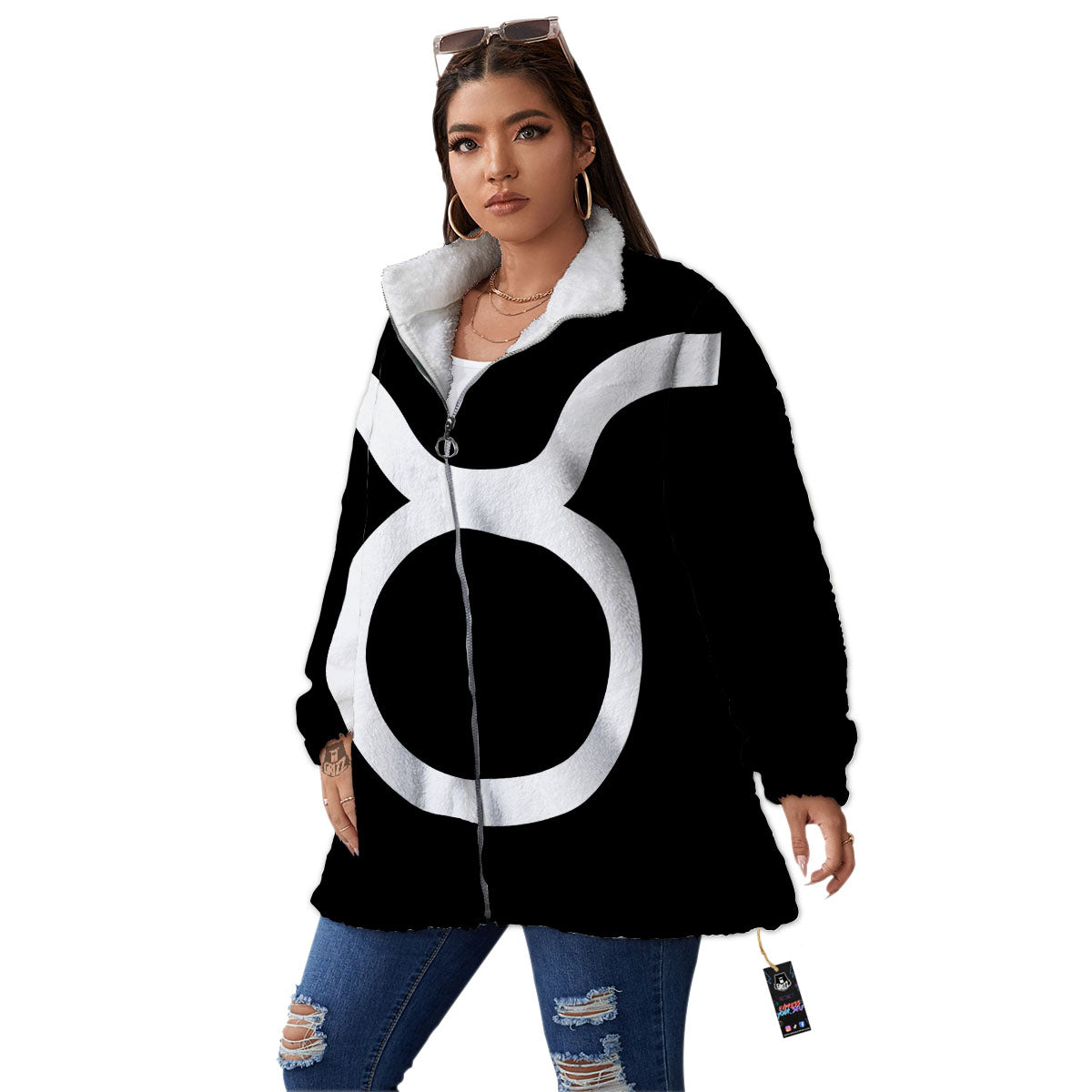 Taurus Sign White And Black Print Women's Sherpa Jacket-grizzshop