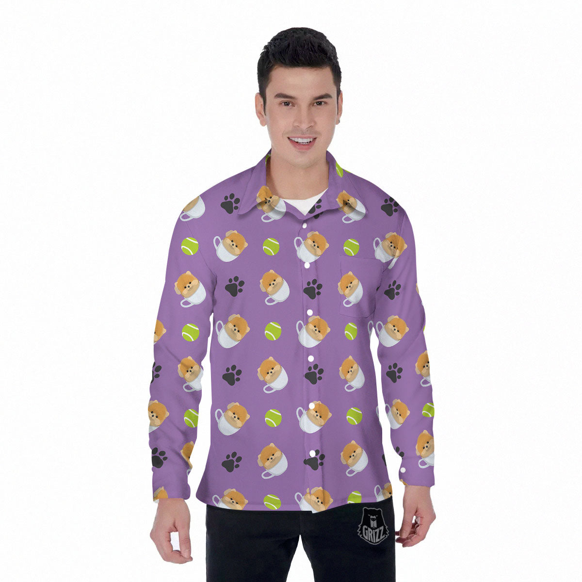 Tea Cup Pomeranian Print Pattern Men's Long Sleeve Shirts-grizzshop