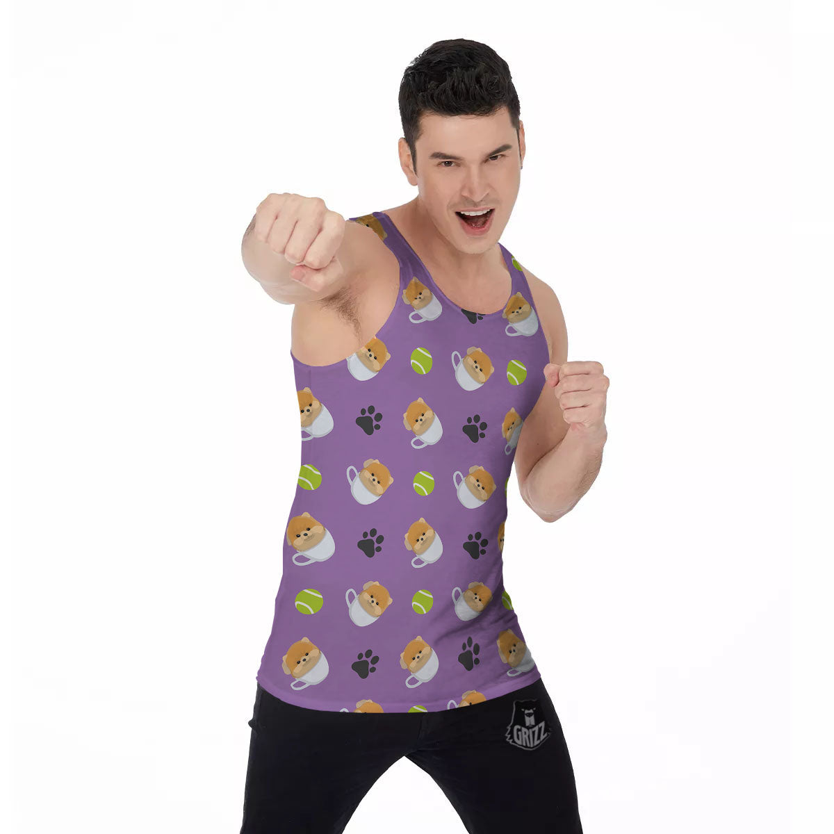 Tea Cup Pomeranian Print Pattern Men's Tank Top-grizzshop