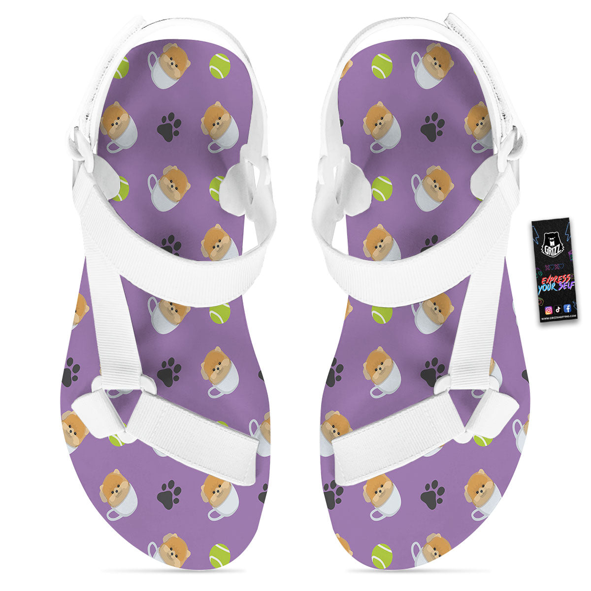 Tea Cup Pomeranian Print Pattern White Open Toe Sandals-grizzshop