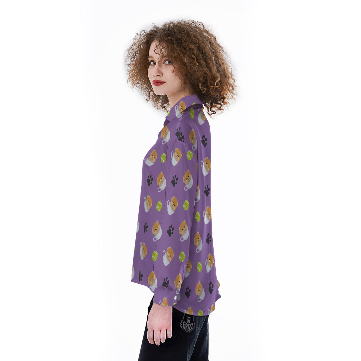 Tea Cup Pomeranian Print Pattern Women's Long Sleeve Shirts-grizzshop