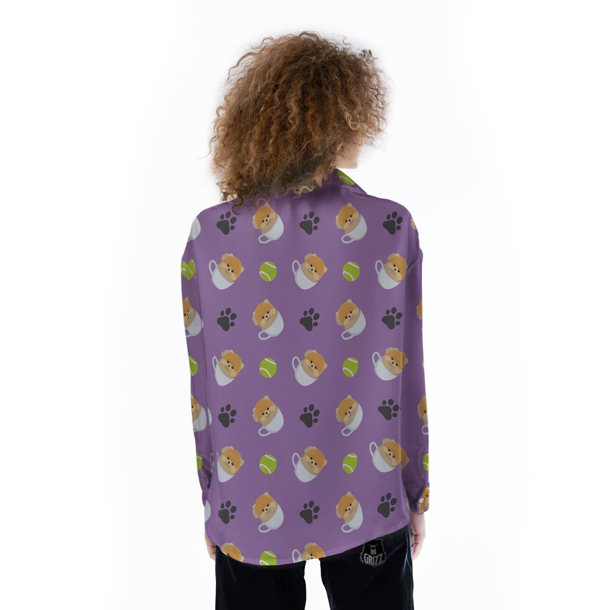 Tea Cup Pomeranian Print Pattern Women's Long Sleeve Shirts-grizzshop