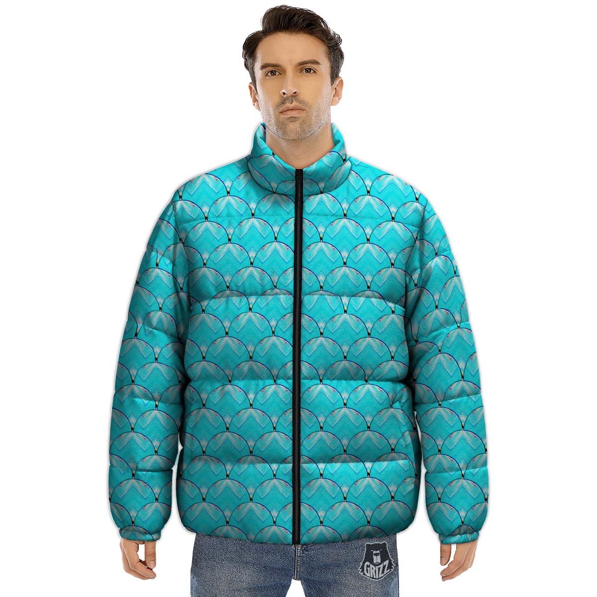 Teal Marble Print Pattern Puffer Jacket-grizzshop
