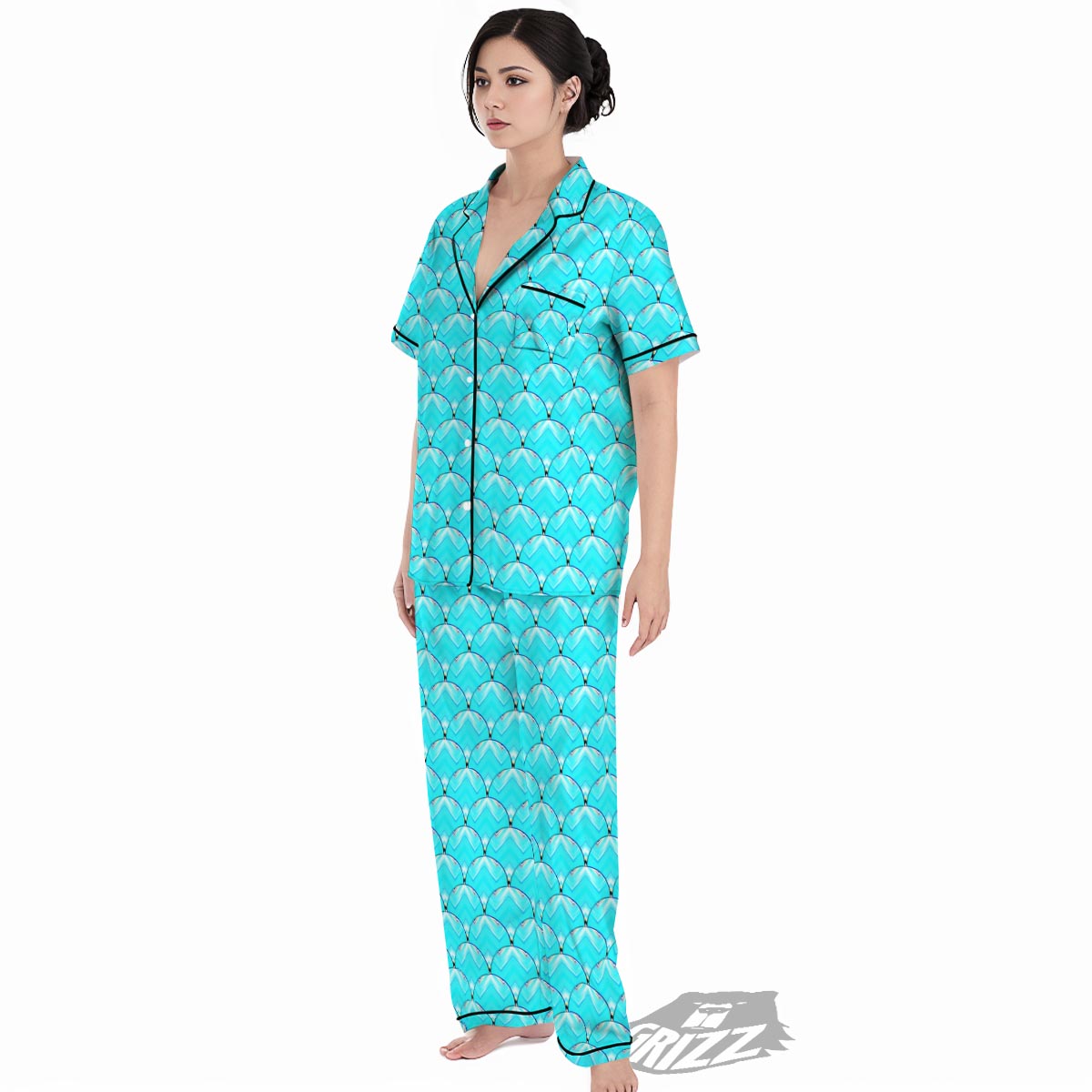 Teal Marble Print Pattern Women's Pajamas Set-grizzshop