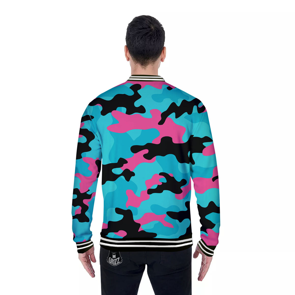 Teal Pink And Black Camouflage Print Baseball Jacket-grizzshop