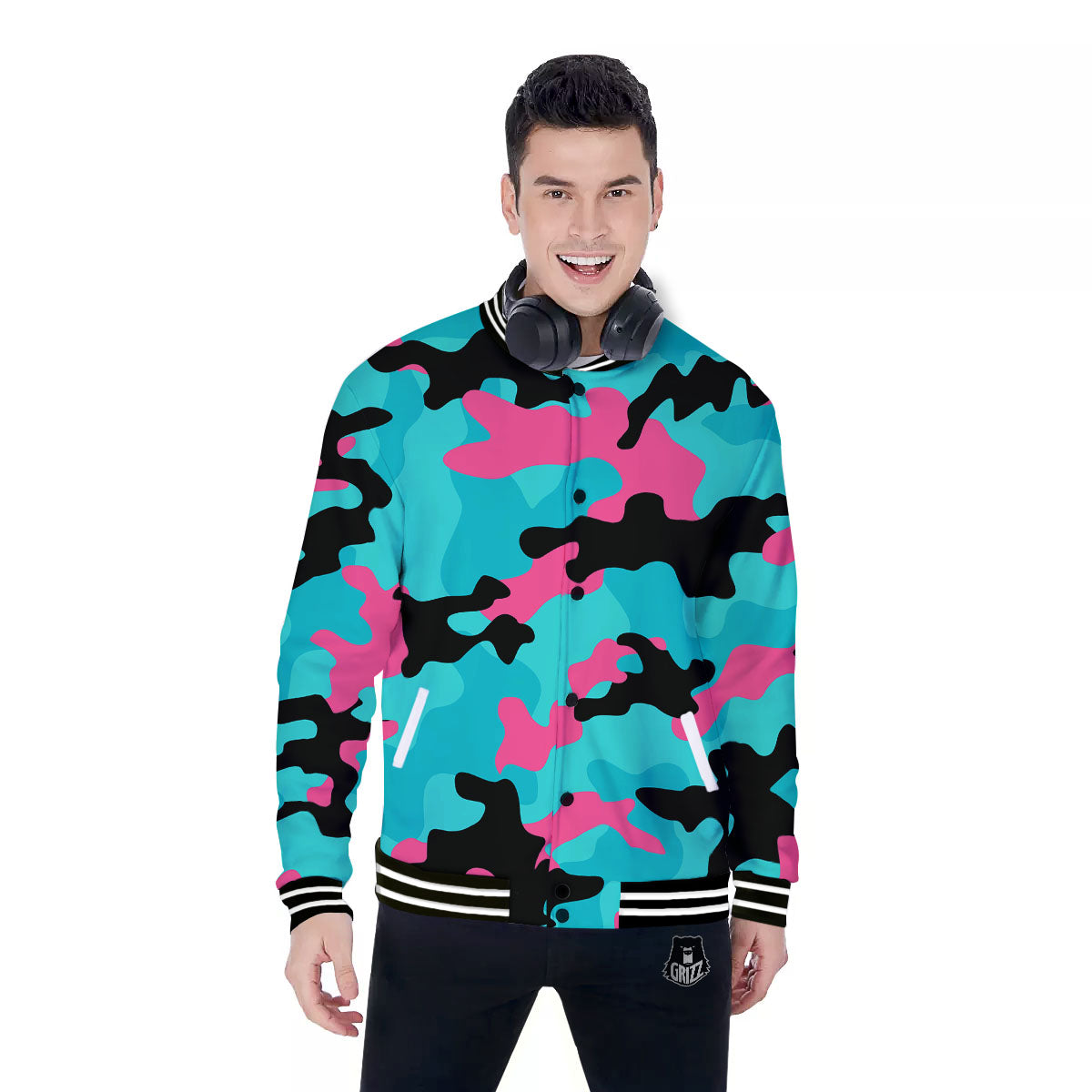 Teal Pink And Black Camouflage Print Baseball Jacket-grizzshop