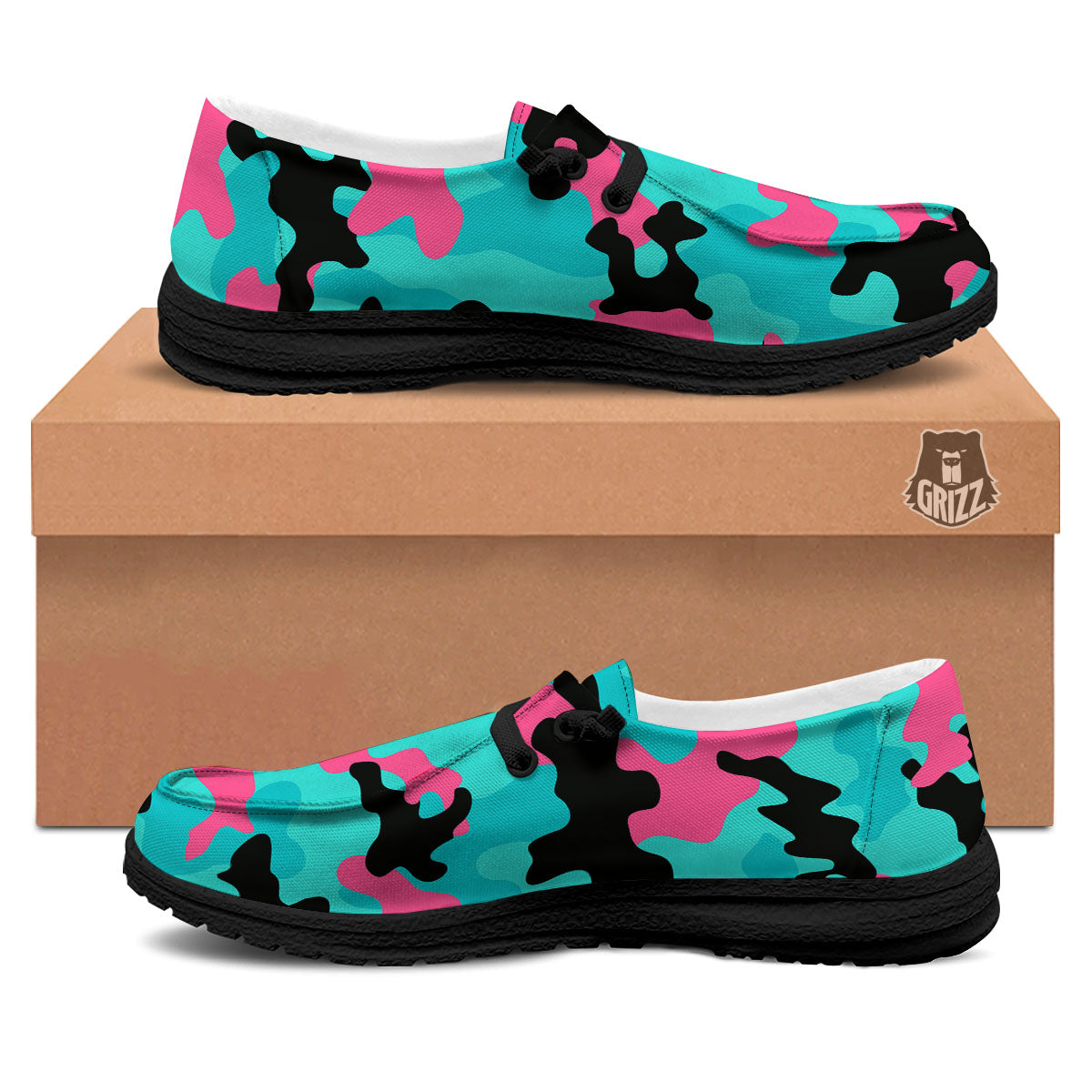 Teal Pink And Black Camouflage Print Black Loafers-grizzshop