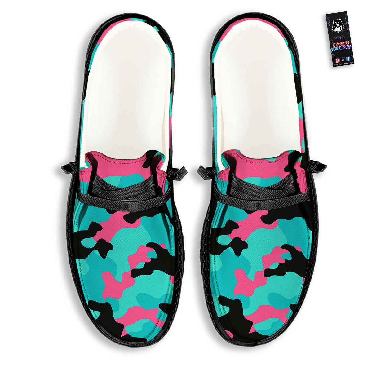 Teal Pink And Black Camouflage Print Black Loafers-grizzshop