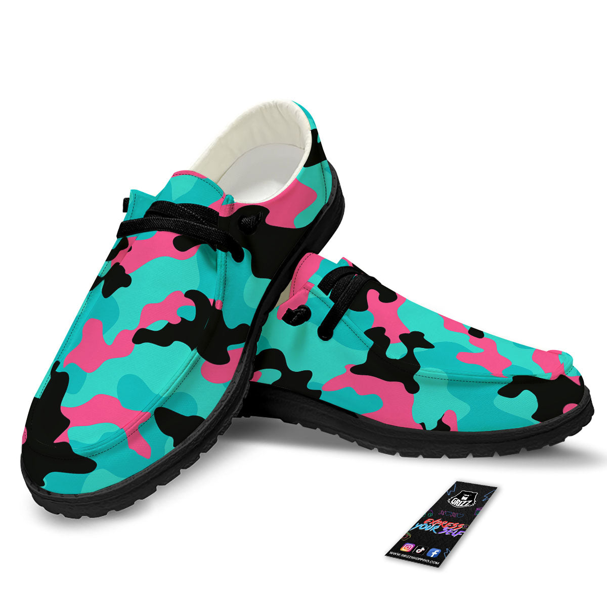 Teal Pink And Black Camouflage Print Black Loafers-grizzshop