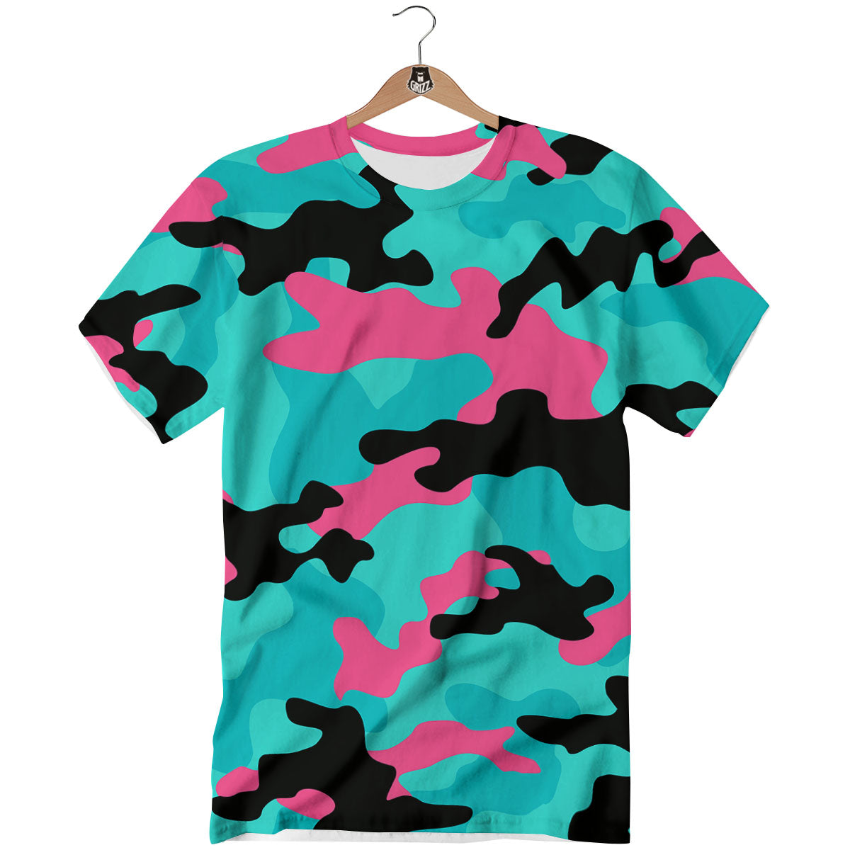 Teal Pink And Black Camouflage Print T-Shirt-grizzshop