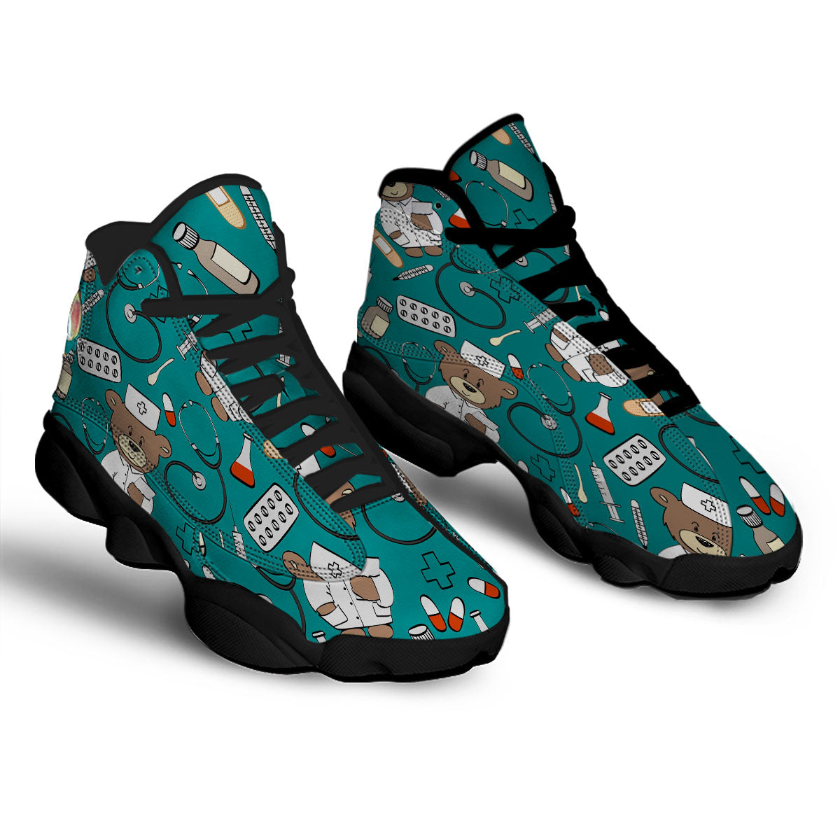 Teal Teddy Bear Nurse Black Basketball Shoes-grizzshop