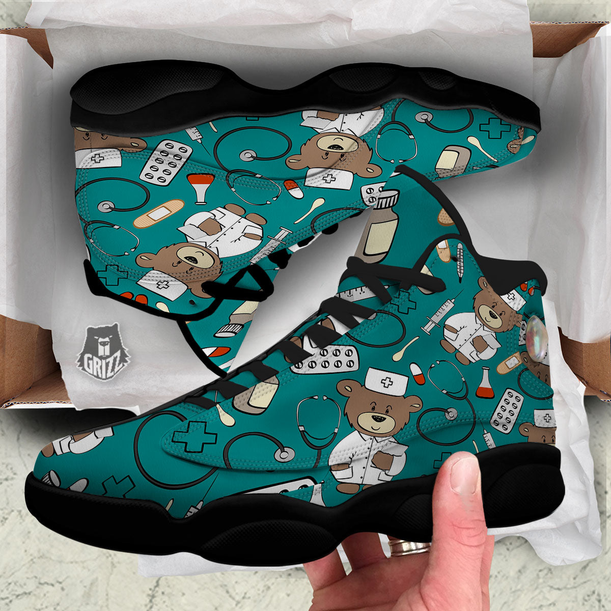 Teal Teddy Bear Nurse Black Basketball Shoes-grizzshop