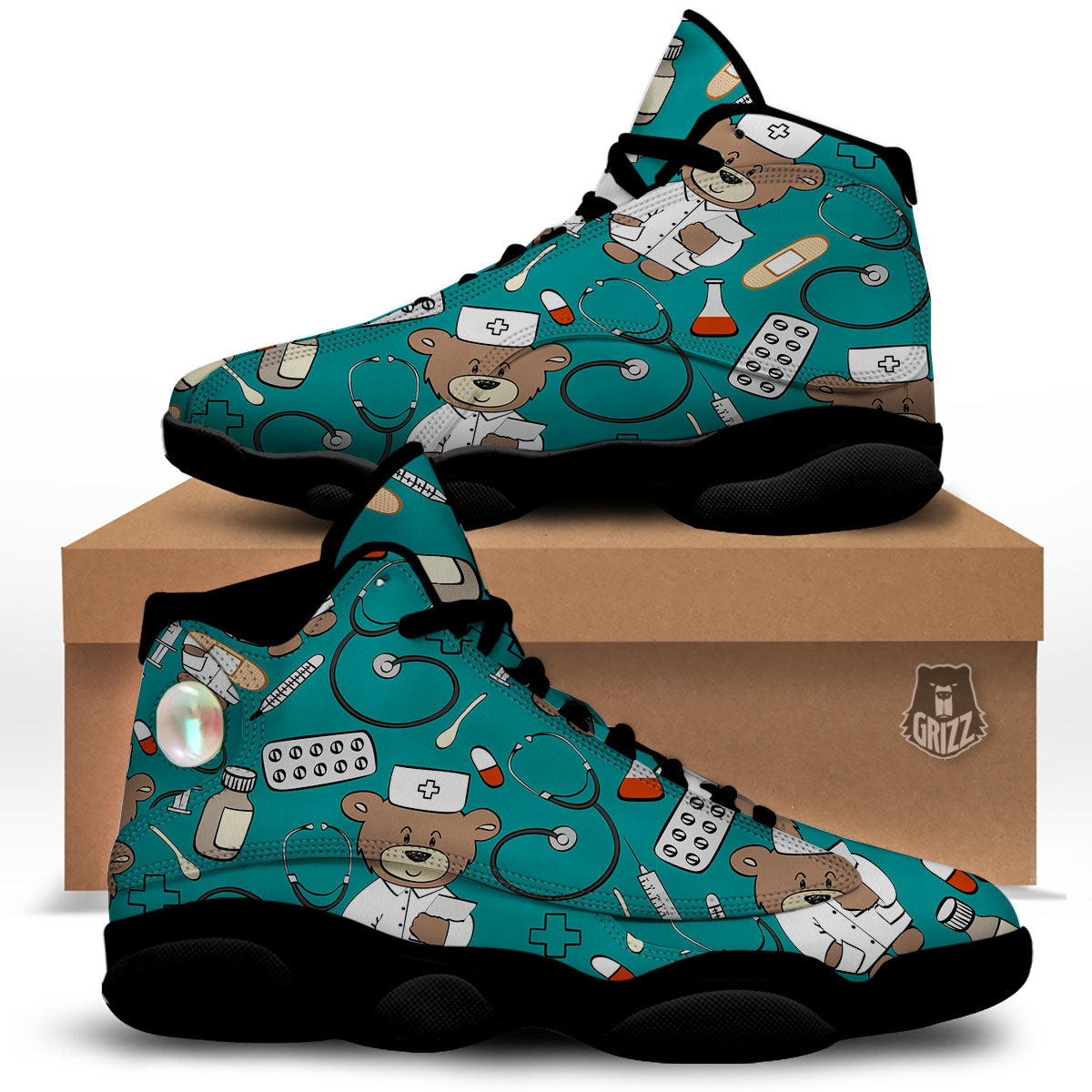 Teal Teddy Bear Nurse Black Basketball Shoes-grizzshop