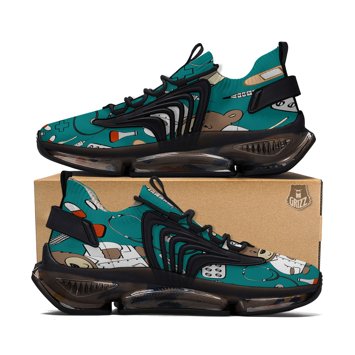 Teal Teddy Bear Nurse Black Gym Shoes-grizzshop