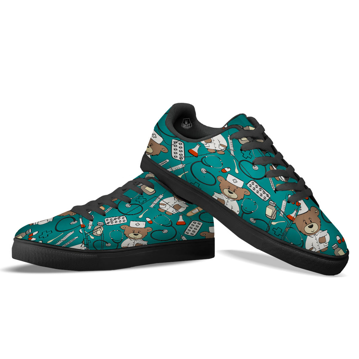 Teal Teddy Bear Nurse Black Low Top Sneakers-grizzshop