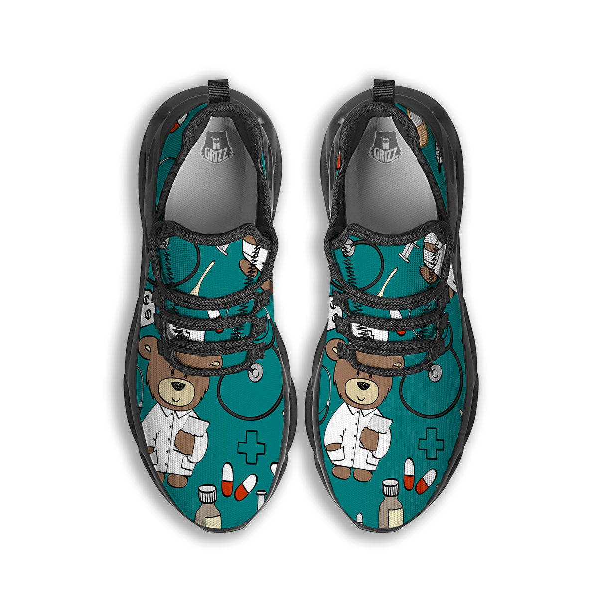 Teal Teddy Bear Nurse Black Running Shoes-grizzshop
