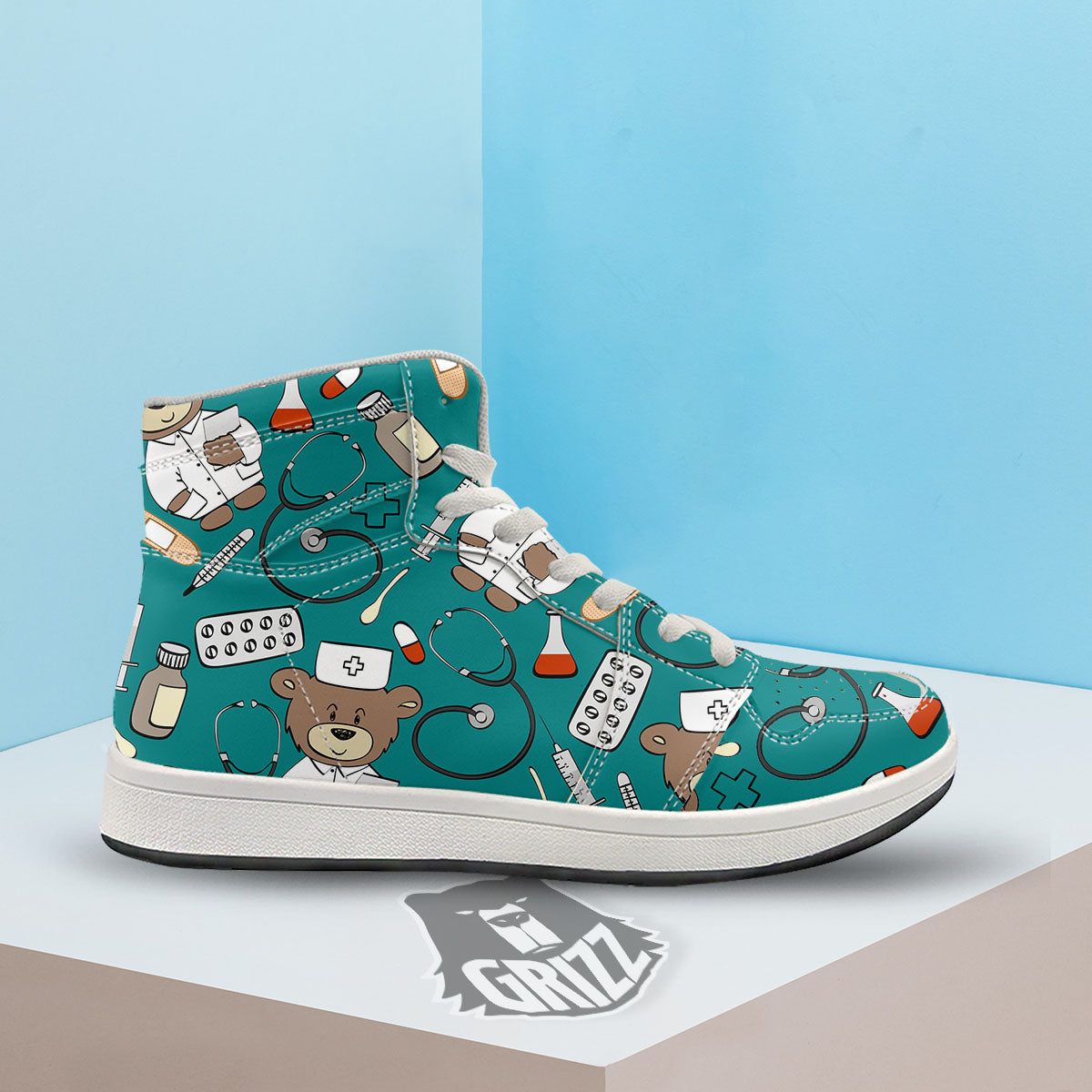 Teal Teddy Bear Nurse High Top Sneakers-grizzshop