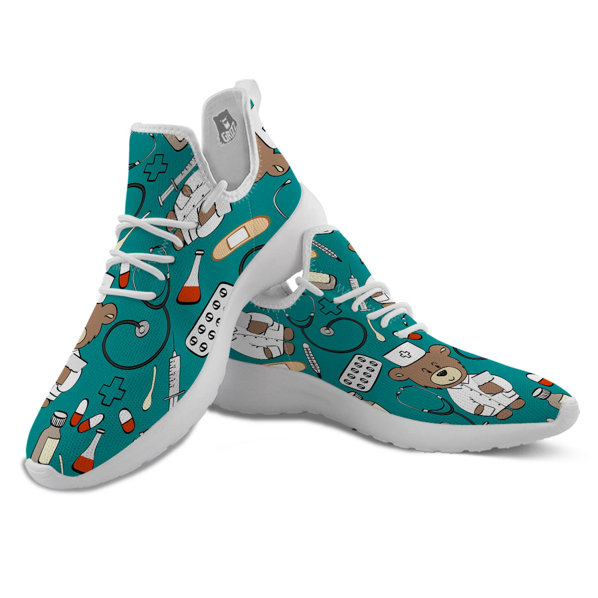 Teal Teddy Bear Nurse White Athletic Shoes-grizzshop