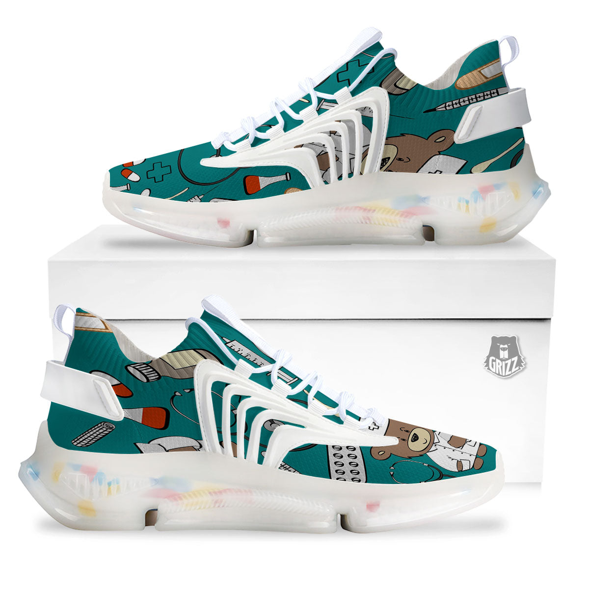 Teal Teddy Bear Nurse White Gym Shoes-grizzshop