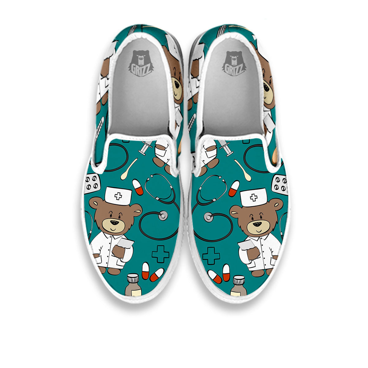 Teal Teddy Bear Nurse White Slip On Shoes-grizzshop