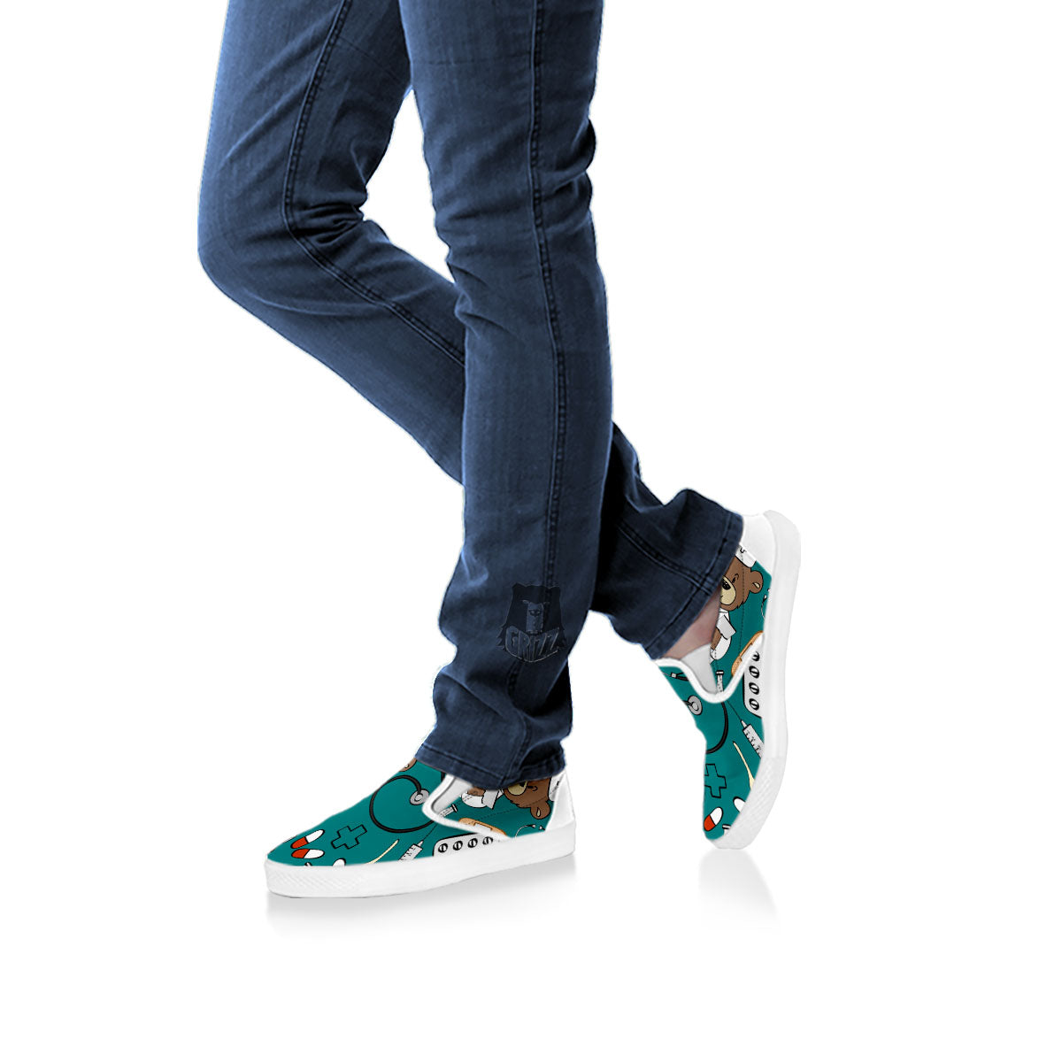 Teal Teddy Bear Nurse White Slip On Shoes-grizzshop