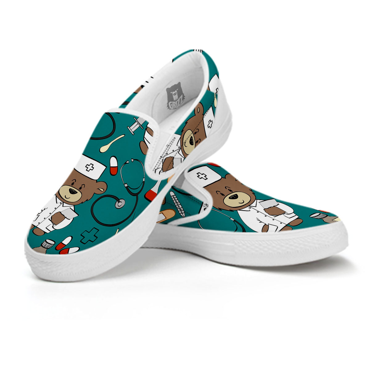 Teal Teddy Bear Nurse White Slip On Shoes-grizzshop