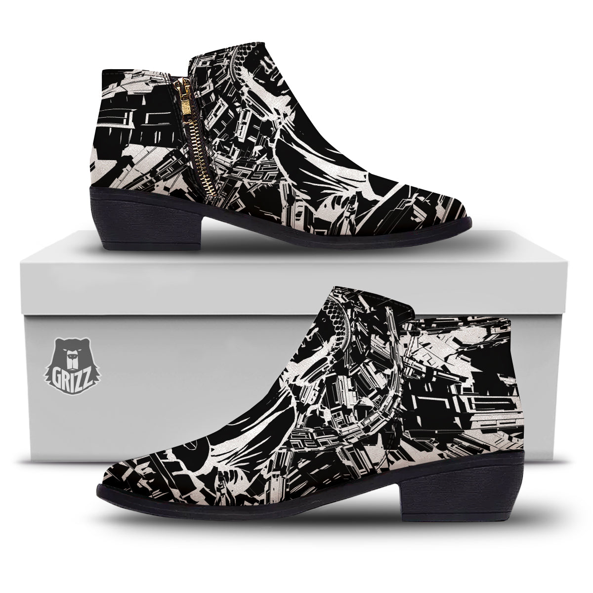 Technical Buddha Black And White Print Ankle Boots-grizzshop