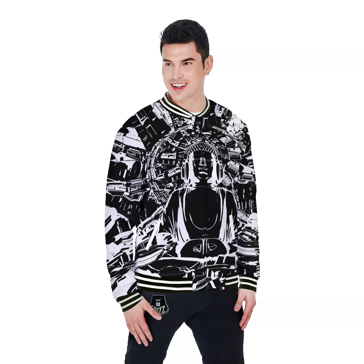 Technical Buddha Black And White Print Baseball Jacket-grizzshop