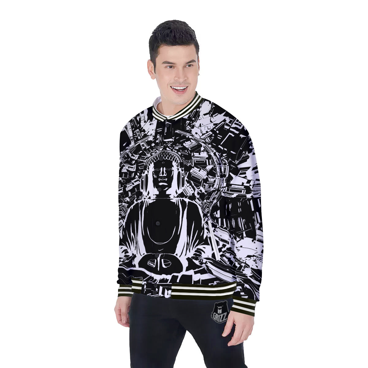 Technical Buddha Black And White Print Baseball Jacket-grizzshop