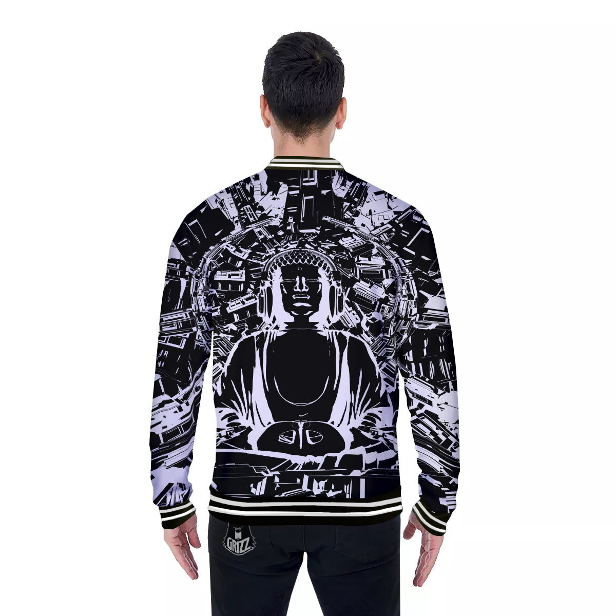 Technical Buddha Black And White Print Baseball Jacket-grizzshop