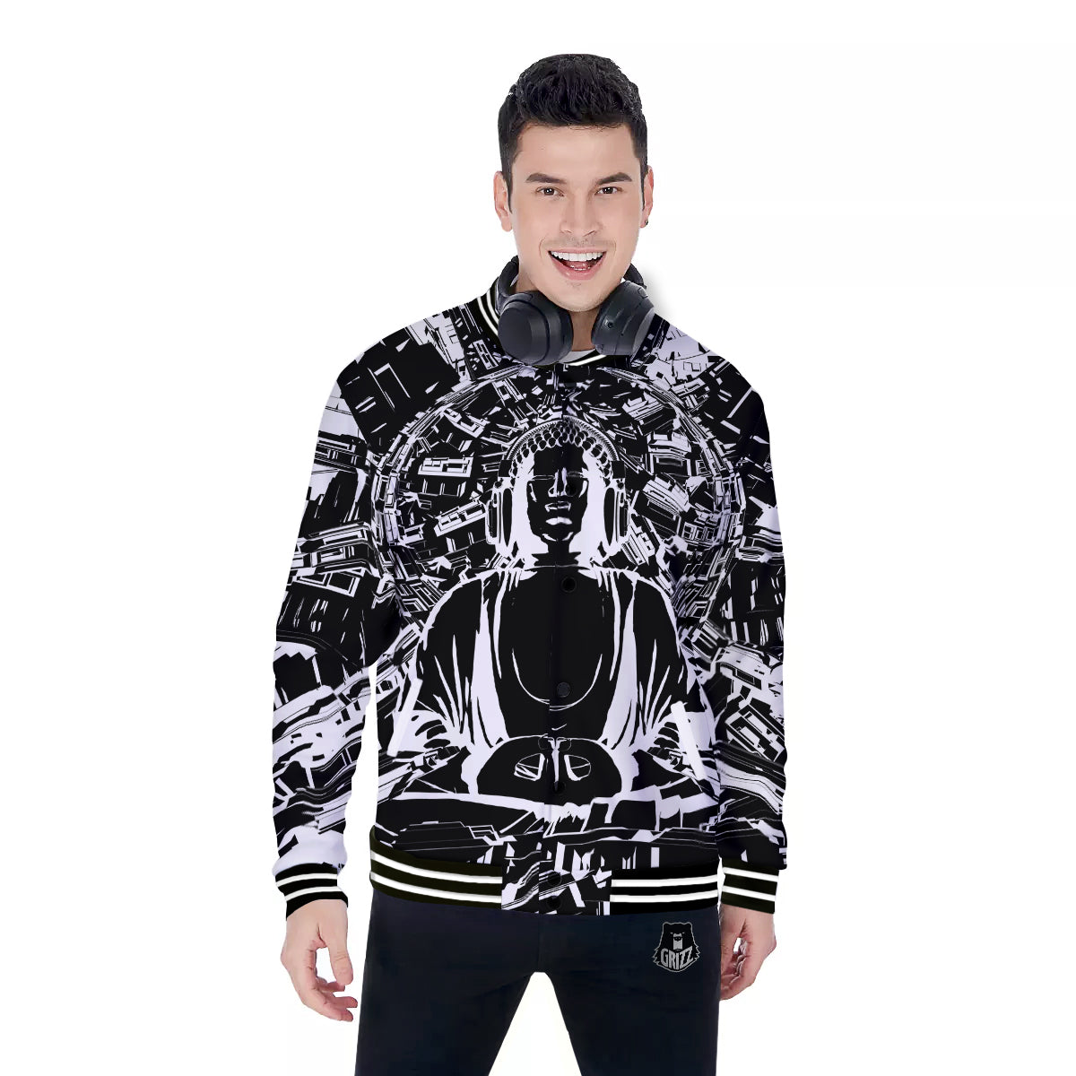 Technical Buddha Black And White Print Baseball Jacket-grizzshop