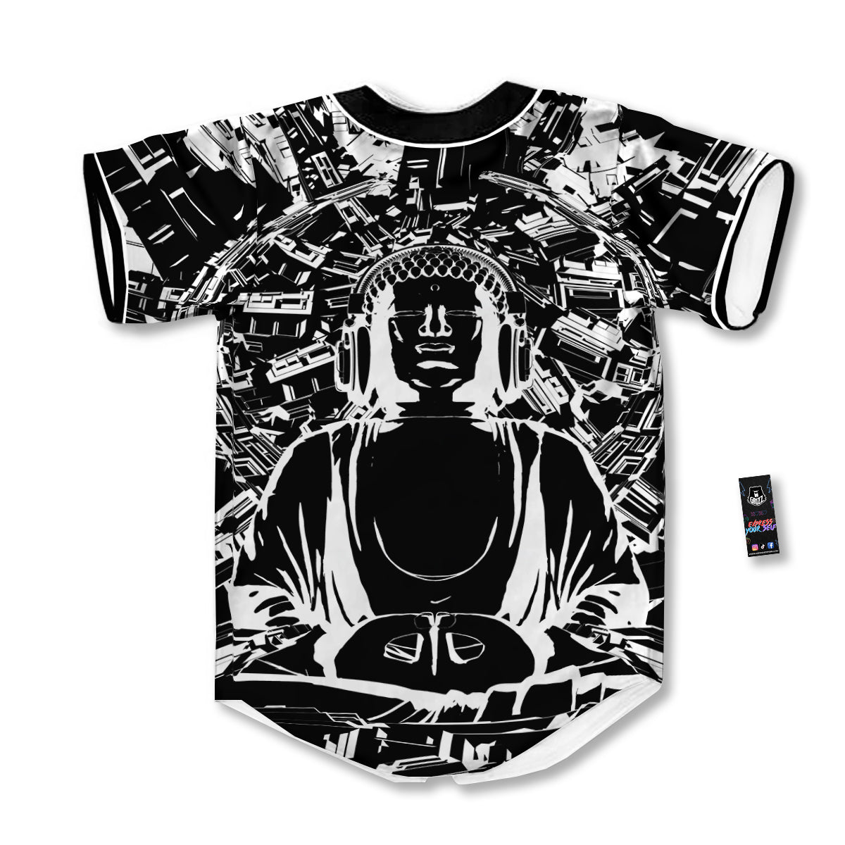 Technical Buddha Black And White Print Baseball Jersey-grizzshop