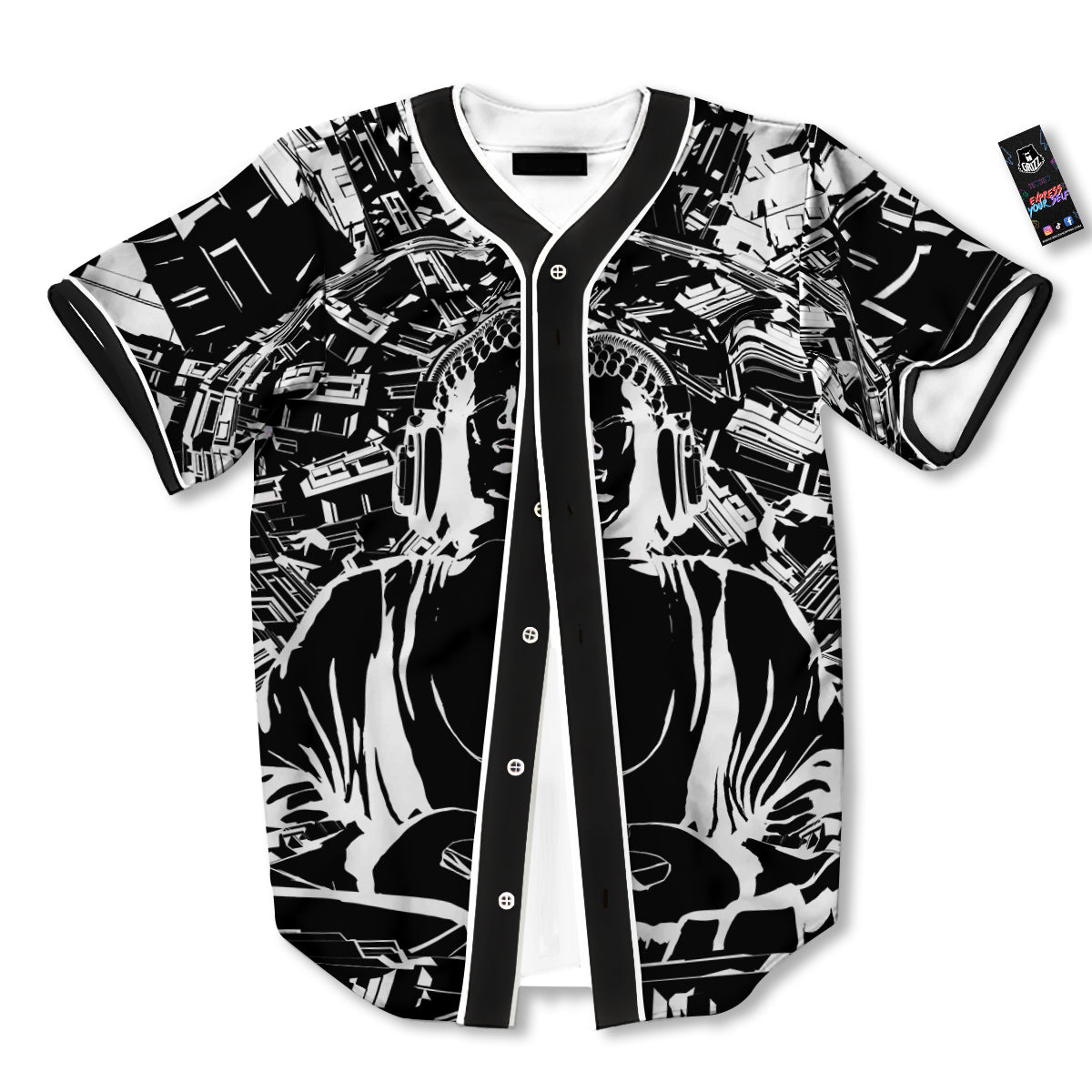 Technical Buddha Black And White Print Baseball Jersey-grizzshop