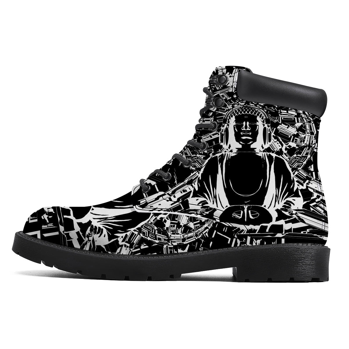 Technical Buddha Black And White Print Boots-grizzshop
