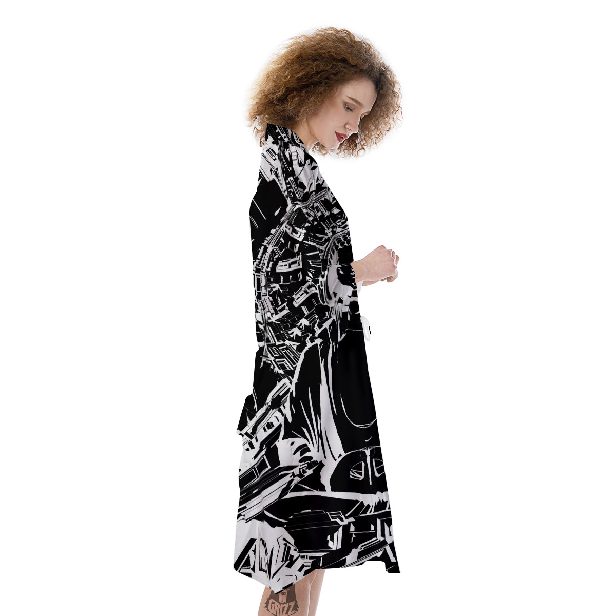 Technical Buddha Black And White Print Kimono-grizzshop