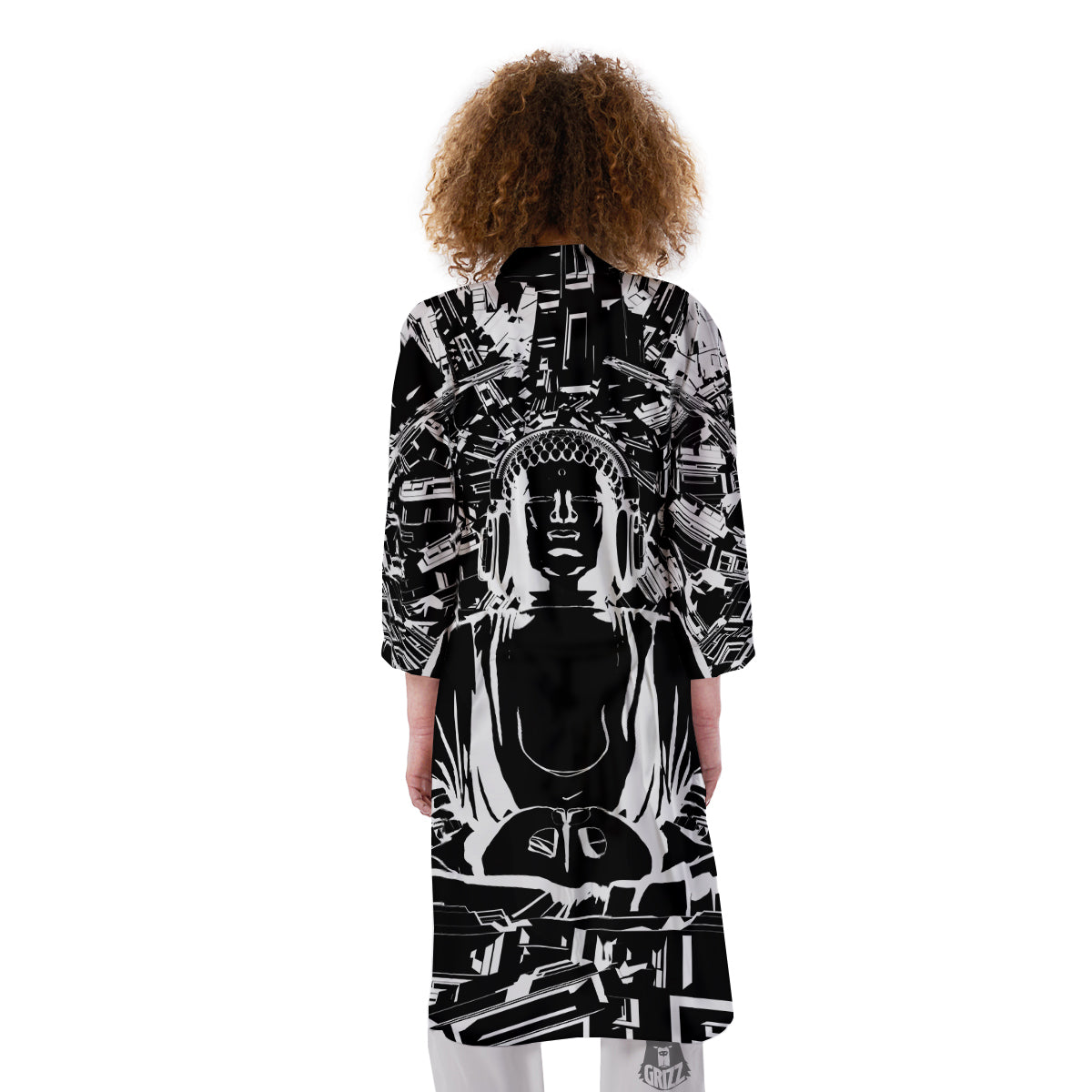 Technical Buddha Black And White Print Kimono-grizzshop