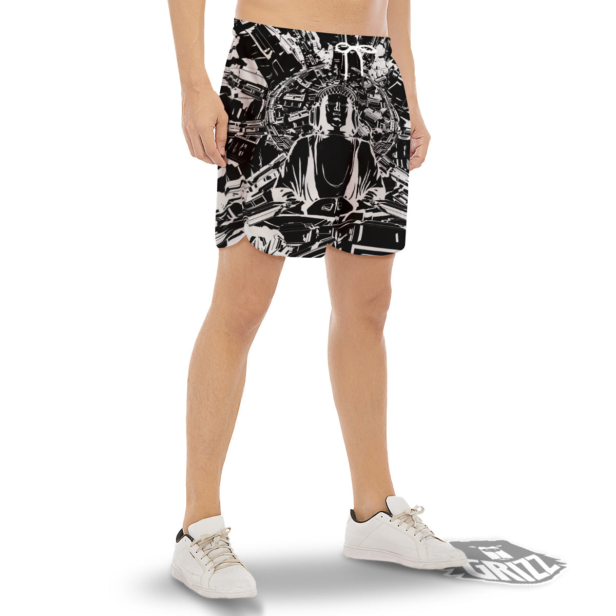 Technical Buddha Black And White Print Men's Gym Shorts-grizzshop