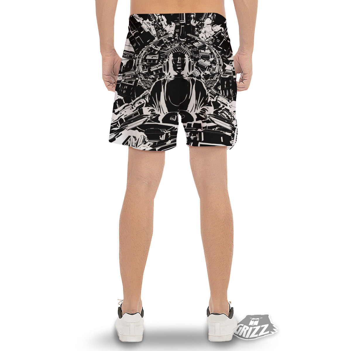 Technical Buddha Black And White Print Men's Gym Shorts-grizzshop
