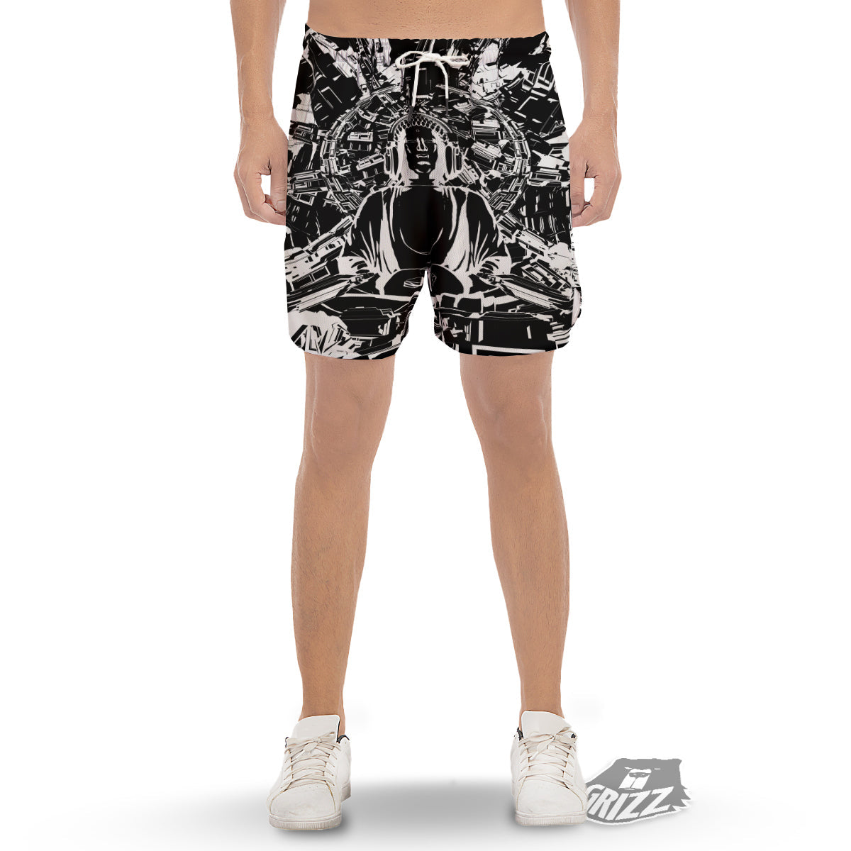 Technical Buddha Black And White Print Men's Gym Shorts-grizzshop