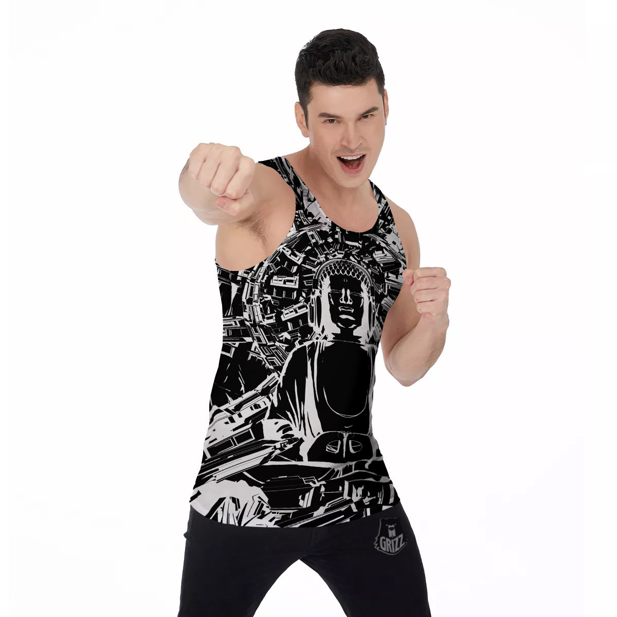 Technical Buddha Black And White Print Men's Tank Top-grizzshop